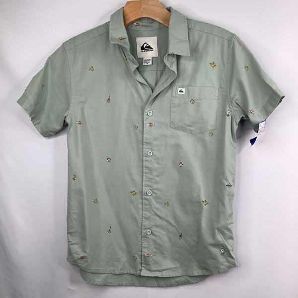 Size 8-10: Quiksilver Green/Colorful Space/Mushrooms Short Sleeve Button-Up Shirt