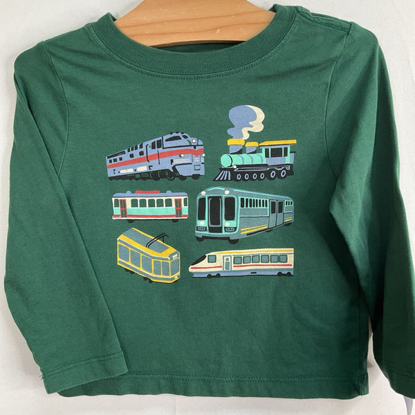 Size 2(85): Hanna Andersson Green/Colorful Trains Long Sleeve Shirt