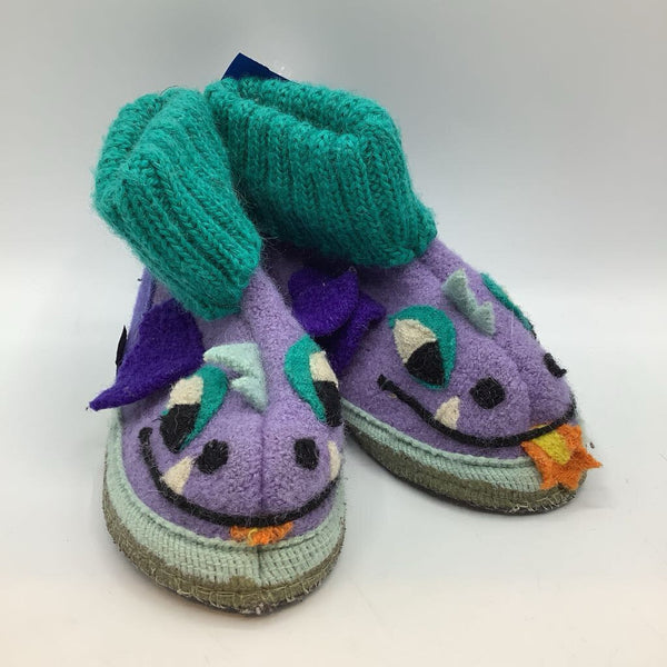 Size 8: Garnet Purple/Green Dragon Wool Slippers REDUCED