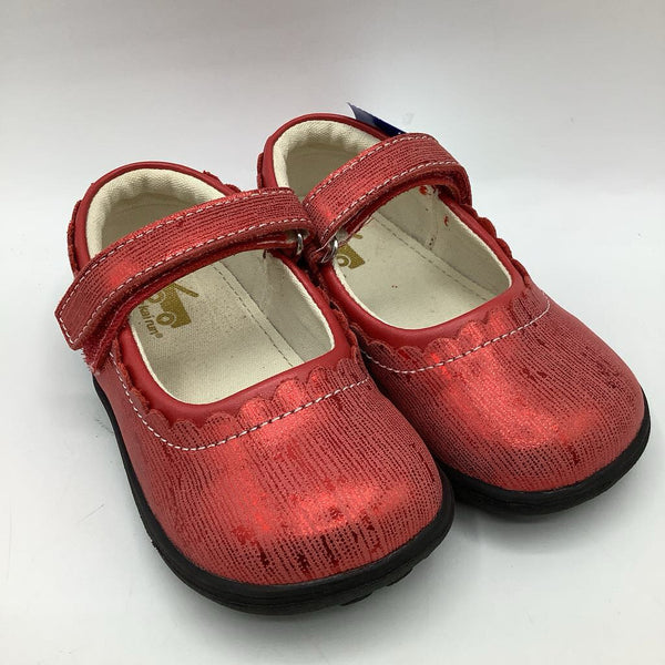 Size 8: See Kai Run Red Shimmer Stripes Velcro Mary Janes
