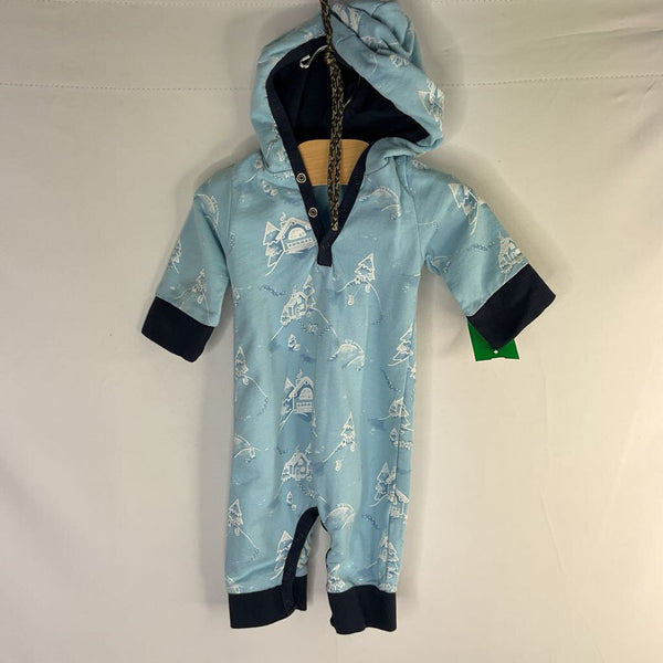 Size 0-3m: Monica + Andy Blue/White Winter Houses Hooded Romper