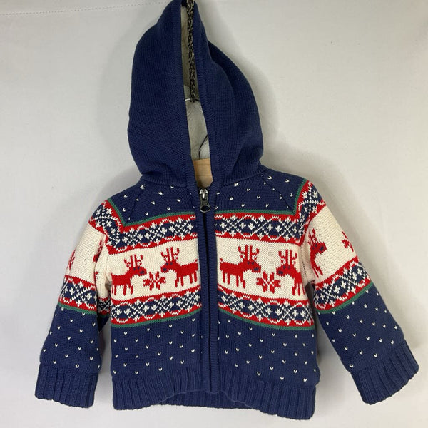 Size 6-12m (70): Hanna Andersson Navy/Red Fair Isle Reindeer Fleece Lined Hooded Sweater