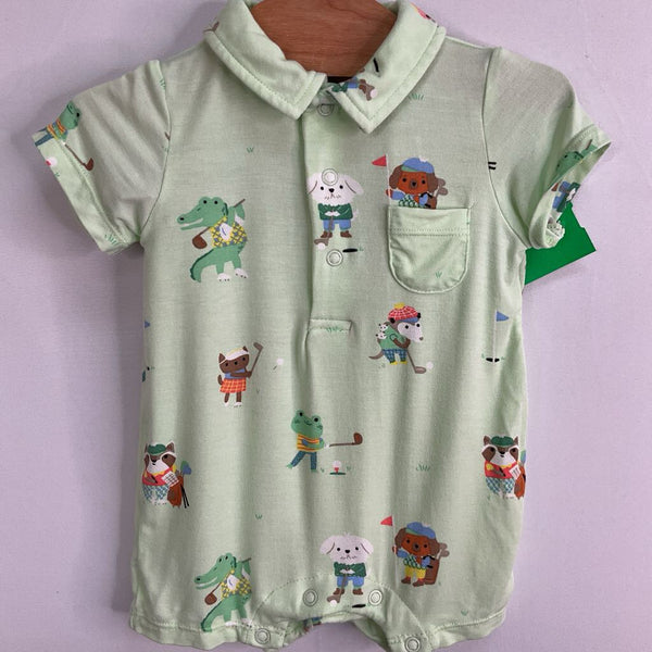 Size 0-3m: Angel Dear Green/Colorful Golf Buddies Bamboo Shorty Romper