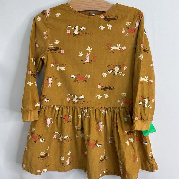 Size 3: Petit Bateau Yellow/Pink/Brown Bunnies Corduroy Long Sleeve Dress