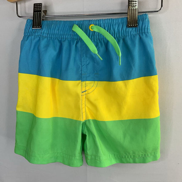 Size 2-3: St. Bernard's Blue/Yellow/Green Mesh Lined SwimShorts