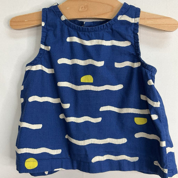 Size 3 (90):Hanna Andersson Blue/White/Yellow Wave/Sun Sleeveless Blouse