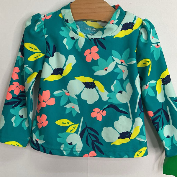 Size 12m: Carter's Blue/Colorful Neon Floral Rash Guard Shirt