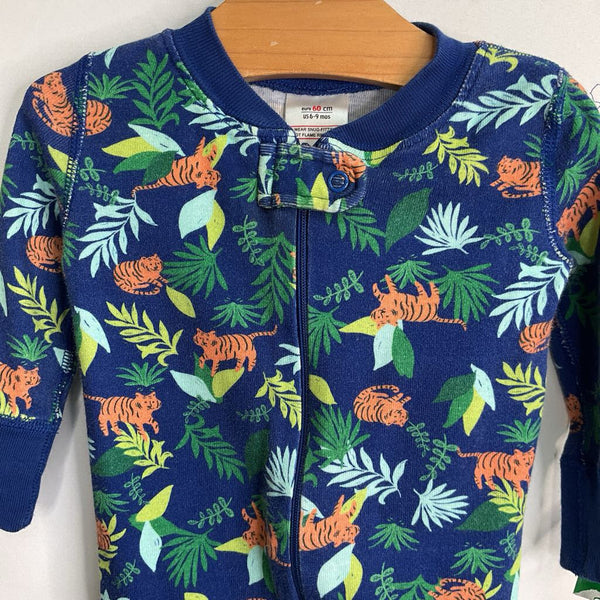 Size 6-9m (60): Hanna Andersson Blue/Orange/Green Tigers/Leaves Organic Cotton 1pc Zip-Up PJs
