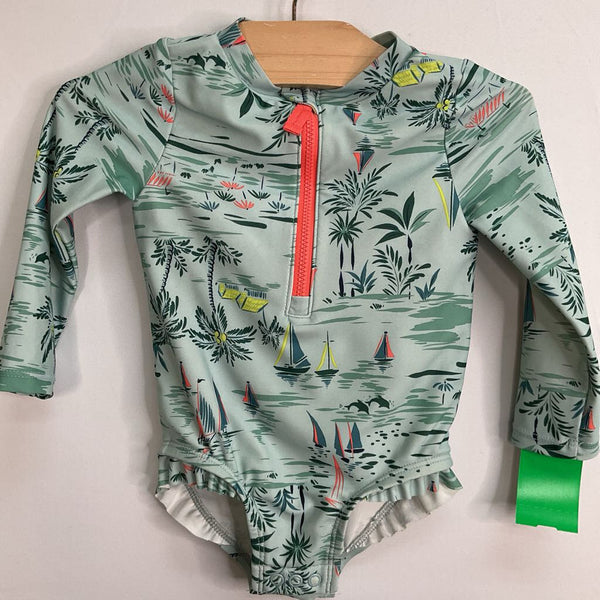 Size 12m: Carter's Green/Multicolor Tropical Boats 1pc Rash Guard Suit