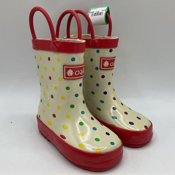 Size 5: Oaki White/Red Trim/Rainbow Polka Dots Rain Boots