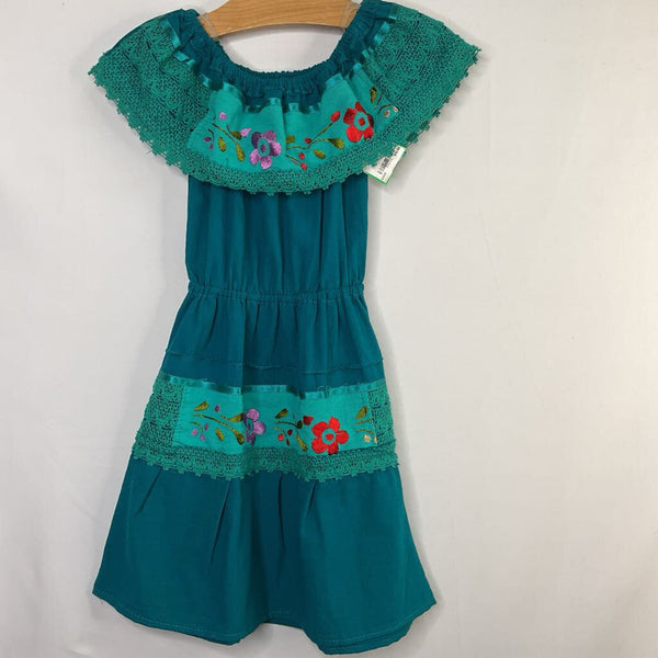 Size 2-3: Blue/Colorful Floral Embroidered Lace Trim Dress