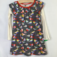 Size 4: Tea Grey/Colorful Birds Long Sleeve Dress