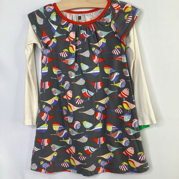 Size 4: Tea Grey/Colorful Birds Long Sleeve Dress