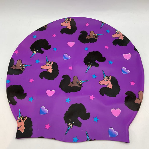 Purple/Colorful Unicorns Swim Cap