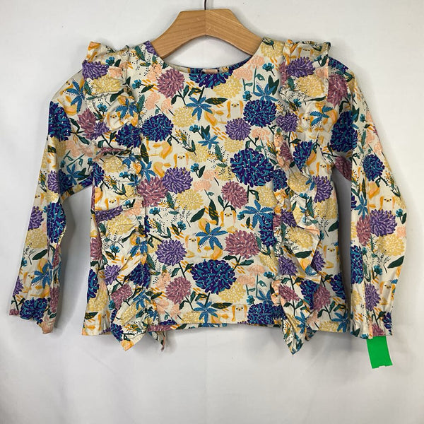 Size 7: Tea White/Colorful Floral Puppy Ruffle Trim Blouse