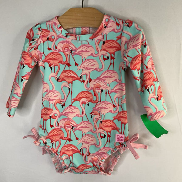 Size 6-12m: Ruffle Butts Pink/Blue Flamingos 1pc Rash Guard Suit