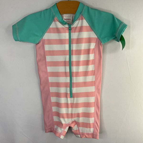 Size 18-14m (80): Hanna Andersson Teal/Pink/White Striped Zip-Up Rashguard Swim Suit