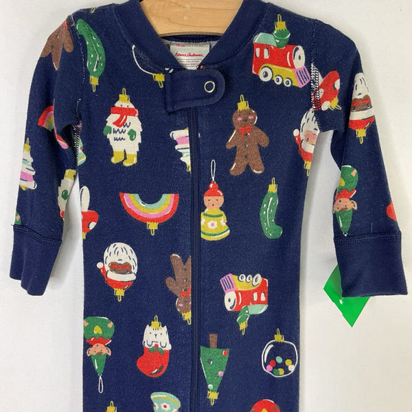 Size 6-12m (70) Hanna Andersson Navy/Colorful Ornaments Organic Cotton 1pc Zip-Up Holiday PJs
