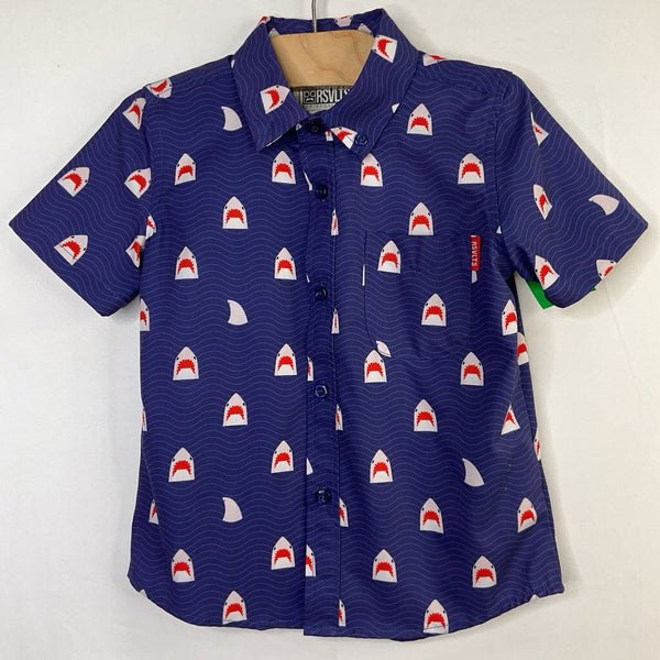 Size 3-4: RSVLTS Blue/Grey Sharks Short Sleeve Button-Up Shirt