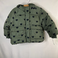 Size 12-18m: Zara Green/Black Hearts Poly Fill Puffer Coat