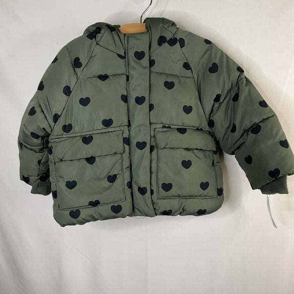 Size 12-18m: Zara Green/Black Hearts Poly Fill Puffer Coat