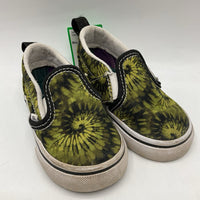 Size 6: Vans Black/Green Tie-Dye Slip-On/Velcro Sneakers