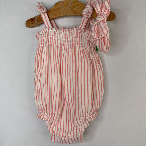 Size 0-3m: Gap Pink/White Striped Romper/Headband