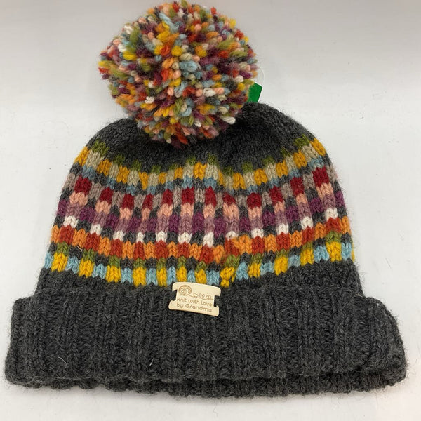 Size OS: Grey/Colorful Wool Pompom Beanie