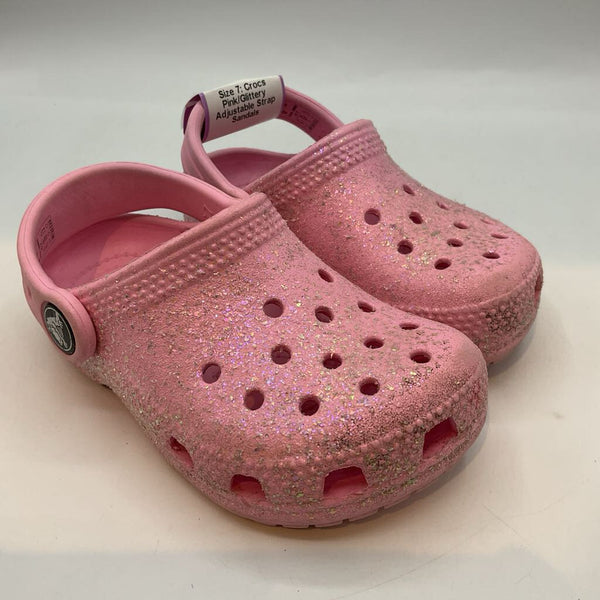 Size 7: Crocs Pink/Glittery Adjustable Strap Sandals
