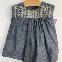 Size 6-9m: Tea Blue/White Embroidered Floral Chambray Sleeveless Dress/Bloomers