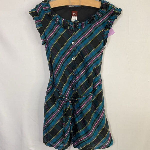 Size 5: Tea Black/Blue/Purple Plaid Ruffle Trim Dress