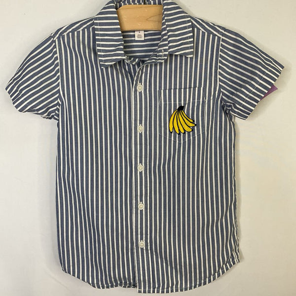 Size 6: Tea Blue/White Striped Banana Applique Short Sleeve Button-Up Shirt