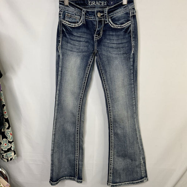 Size 7: Grace in LA Blue/White Horseshoe Embellished Denim Bootcut Jeans (retails $104)