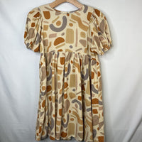 Size 10-12: Rylee + Cru Tan/Grey Abstract Print Puff Sleeve Dress REDUCED