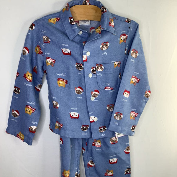Size 2: Lands' End Blue/Multi Christmas Kitties 2pc Button-Up Holiday PJs