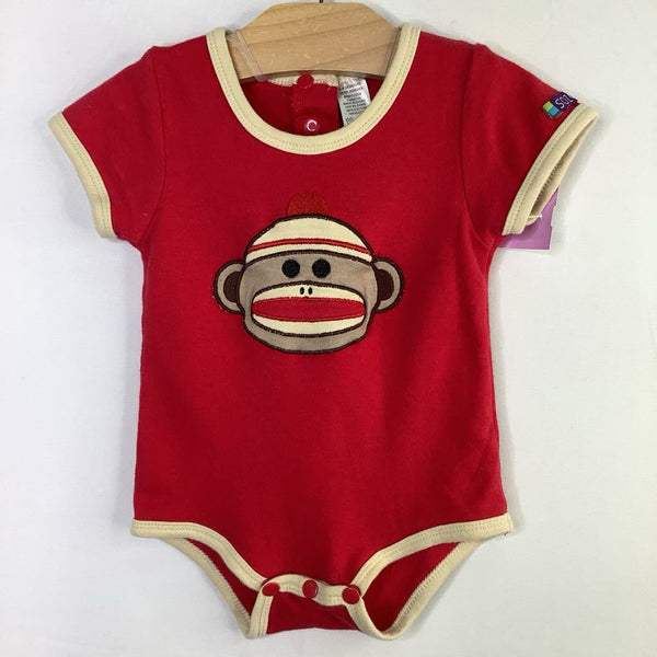 Size 3-6m: Red/Brown Sock Monkey Onesie