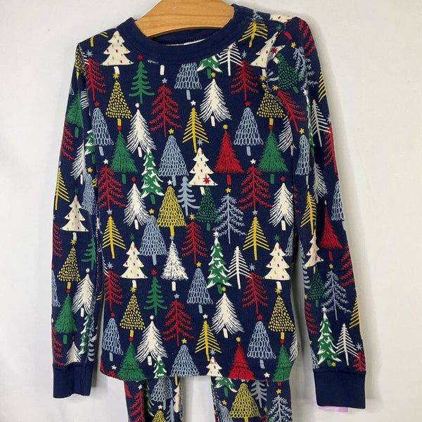 Size 8 (130): Hanna Andersson Navy/Colorful Trees Organic Cotton 2pc Holiday PJs