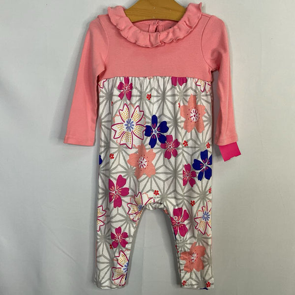Size 3-6m:Tea Collection Pink/White Flowers Longsleeve Snap Romper