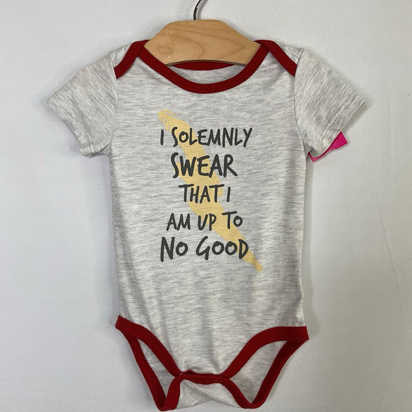 Size 12m: Gray/Red "I Solemnly Swear I Am Up To No Good" Snap Onesie