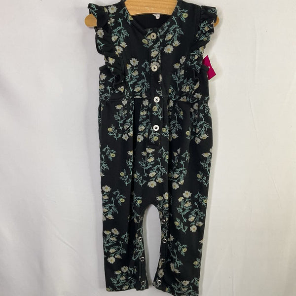 Size 12-18m: Kate Quinn Black/White/Green Floral Ruffle Trim Romper