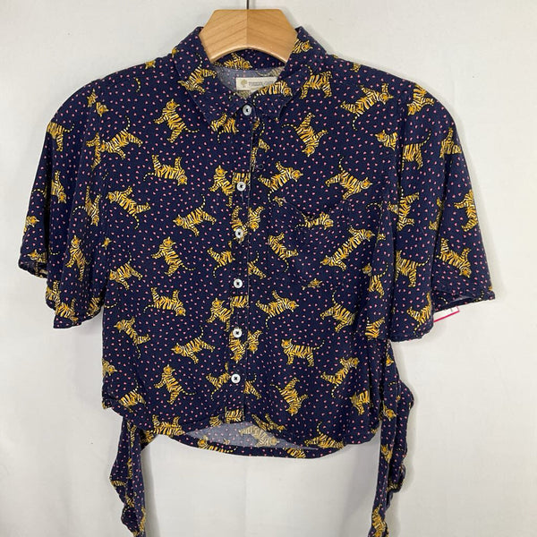 Size 10-12: Tucker + Tate Navy/Yellow/Pink Tigers/Hearts Short Sleeve Knot Shirt