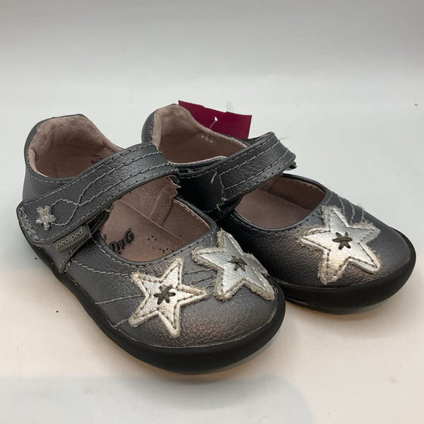 Size 5-6: Pediped Silver Stars Velcro Strap Mary Janes