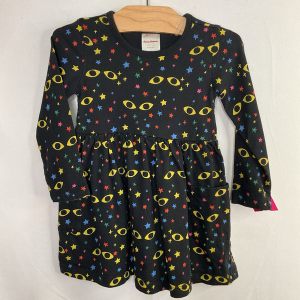 Size 2 (85): Hanna Andersson Black/Colorful Stars/Cat Eyes Long Sleeve Pocket Dress