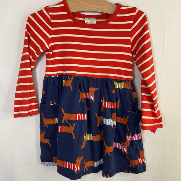 Size 2 (85): Hanna Andersson Red/Blue Stripes/Dachshunds Long Sleeve Pocket Dress