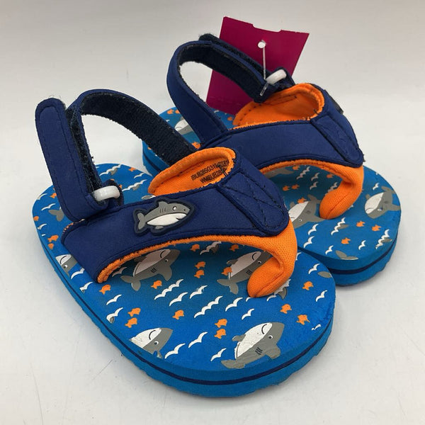 Size 4: Blue/Orange Sharks Velcro Strap Flip Flops