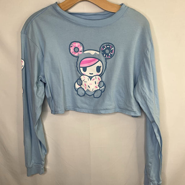 Size 7-9: TokiDoki Blue/White/Pink Donut Girl Cropped Long Sleeve Shirt