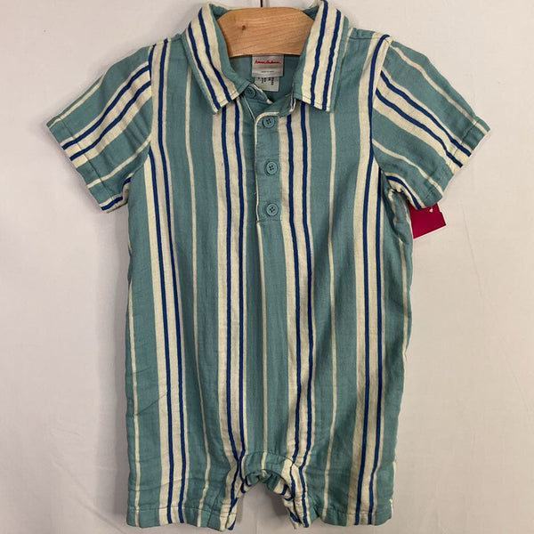 Size 2 (85): Hanna Andersson Blue/White Striped Shorty Collared Romper