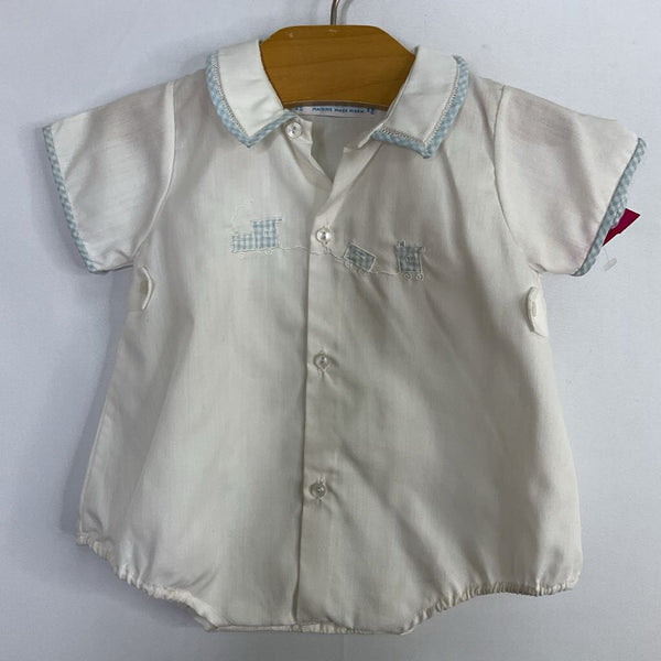 Size 6-9m: Feltman Bros White/Blue Trains Onesie