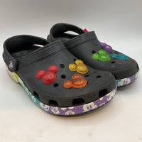 Size 1Y: Crocs Black/Rainbow Mickey Clogs
