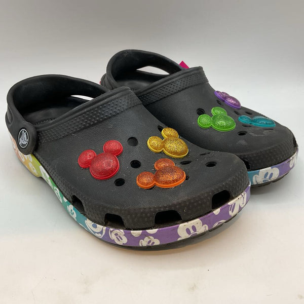 Size 1Y: Crocs Black/Rainbow Mickey Clogs